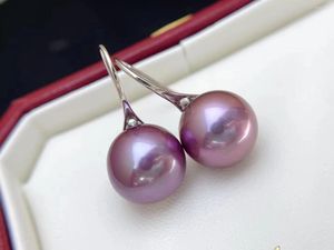 Dangle Earrings Fashion 925 Sterling Silver Women 12-13mm Round Natural Freshwater Edison Purple Pearl Drop Luxury Jewelry