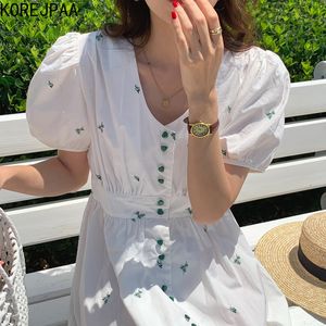 Casual Dresses Korejpaa Women Dress Korean Fashion Elegant Vneck Button broderade blommor för att samla midjebubbelärmar Long Vestidos 230503