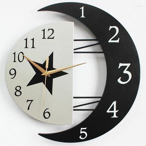 Wanduhren 3dWooden Sun And Moon Shape Clock European Creative Living Room Mute Fashion Home Quartz