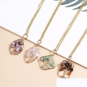 Pendant Necklaces Gold Natural Stone Pendants Heart Shape Reiki Heal Tree Of Life Crystal Necklace Wire Wrap Stones Rose Quartz Pend Dhxtr