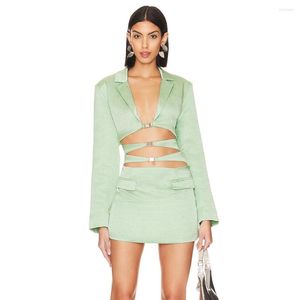 Abiti casual da donna Hollow Cut-Out Vita Lace Up Scollo a V Donne sexy del partito Verde chiaro Manica lunga Estate Sera elegante 2023