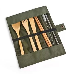 Holz-Geschirr-Sets, Bambus-Teelöffel, Gabel, Suppenmesser, Catering-Besteck-Sets mit Stoffbeutel, Küche, Kochen, Besteck, Werkzeuge, Utensilien