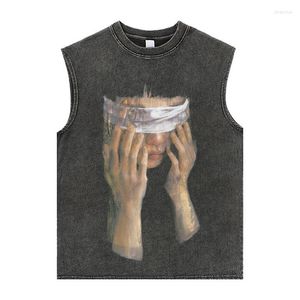 T-shirt da uomo 2023 Hiphop Fried Street Dark Washed Portrait Gilet da basket T-shirt senza maniche allentata da uomo di marca di moda