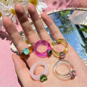 Бэнда звонит корейская летняя мода красочная прозрачная акриловая смола для женщин геометрический квадратный кольцо кольца кольцо, подарки, подарки y23