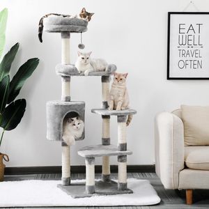 Tillhandahåller kattträd Multilevel Tower med skrapande inlägg Cat Condo Sisal Poster Hammock Activity Jumping Platform med Ball Grey