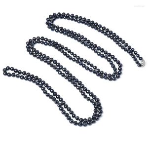 Kedjor 3 rader släta och små lägg till härligt med storlek smal svart glans 6-7 mm pärlor rent sötvatten naturlig kedjetyp halsband