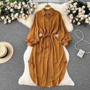 Lässige Kleider Sommer Vintage Langarm Shirt Kleid Frauen Spitze Laterne Ärmel Taille entspannt locker unregelmäßig schick und elegant Frau