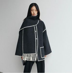 블렌드 2022 겨울 모직 재킷 새 스카프 양모 코트 대비 대비 컬러 자수 코트