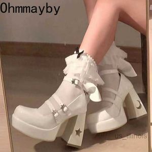 Платье обуви насосы Lolita Shoes Platform Mary Jane Shoes Shoes Star Buckle ремешок женщины кросс-завязанные кожаные девчонки девчонки капусты Kaii