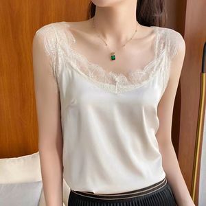 Camisoles Tanks Sexy Lace Tank Tops Women Silk Sleeveless V Neck Womens Camisole Halte Tank Top Feminino Slim White Summer Woman Clothe 230503