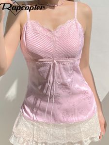 T-Shirt Rapcopter Y2K Floral Crop Top Pink Bow Cute Sweet Tank Tops Lace Trim V Neck Fairycore Mini Vest Aesthetic Women Party Tee Camis