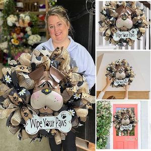 Flores decorativas Primavera Summer Summer grinaldas de cachorro fofo Para porta da frente, moldura de flor amarela Garland Welcoration Decoration Home Farmhouse Outdoor