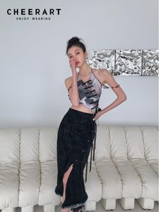 Skirt CHEERART Suede Black Designer High Waist Skirt For Women Faux Rabbit Fur Hem Tassels High Fashion Spllit Long Skirt Clothing