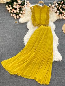 Tvådelt klänning kvinnors sommardräkt koreansk stil fast färg rund hals spets tophigh midja veckad kjol två-stycken kostym kvinnliga uppsättningar de457 230503