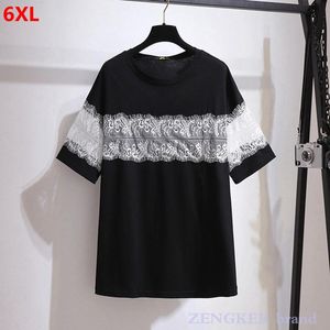 قمم تصميم الأزياء فضفاضة الدانتيل الصغير جولة رقبة برية رقيقة رقيقة ربيع جديد زائد الحجم tshirt للنساء 6xl 4xl