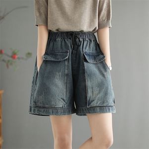 Damen -Shorts Frauen -Denim -Shorts Big Pocket Oversize Vintage Wide Leg Short Hosen Frau Sommer Casual Elastic Taille Jeans Shorts 230503