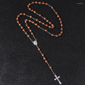 Pendanthalsband Komi Kristus religiösa brunt trä radbandpärlor för kvinnor män lång kedja kors bön smycken gåvor r-193