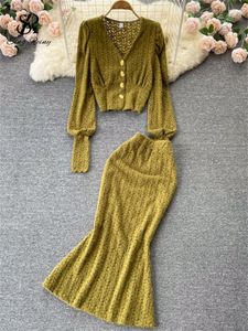 Zweiteiliges Kleid SINGREINY Frühling Gestrickt Lässig Zweiteilige Anzüge Frauen Lange Ärmel Retro BluseLong Mermaid Rock Sets Aushöhlen Vintage Sets 230503