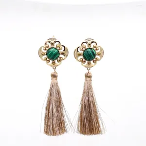 Stud Earrings Classic Style Light Yellow Gold Color Flower Malachite Stone With Tassels Rose Pink Quartz Jewelry