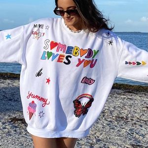 Moletons femininos moletons femininos Moda Autumn Manga longa Pullovers de capuz branco impressos Streetwear 2023 Roupas de outono Itemswo