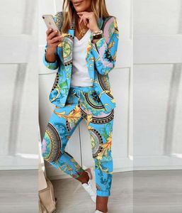 Femme Tracksuits Formal Geometric Print Jacket & Trousers Office Lady Outfits Autumn luxurious Bulberry Women two Pieces set Chain Print Blazer Coat & Pants Suit Sets