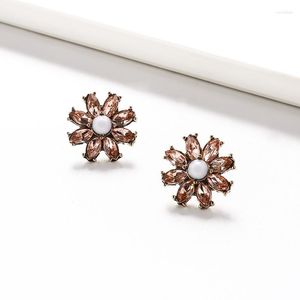 Stud Earrings Vintage Gold Color Champagne Little Pink Sun Flower Shaped For Women Classic Crystal Christmas Love Gift