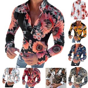 Camicie casual da uomo 2023 Disegni Elegante manica lunga Autunno Button Down Camicia da uomo Top Fashion Holiday Stampa floreale gialla per uomo