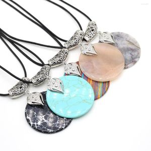 Pendant Necklaces Natural Stone Retro Pendants Necklace Round Shape Crystal Agate Abalone Shell Charms Wax Cord For Jewelry Party Gift