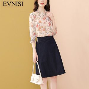 Dresses EVNISI Vintage Blouses+Skirt Autumn Women Suit Twopiece Chiffon Print Floral Set Ruffles Slim Elegant Holiday Party Dresses