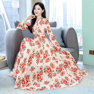 Casual Dresses Spring Autumn 2023 Chiffon Dress Women's Full Sleeve High-End Korean Slim Ruffle Elegant Printed Floral Long Z119