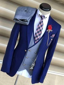 Men's Suits Blue Business For Men Wedding Groom Notch Lapel Double Breasted Vest Dress Costume Homme Prom Party Clothes 3 Pcs