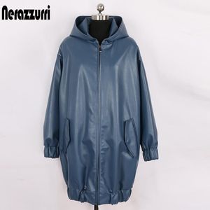 Fur Nerazzurri Spring Autumn Windproof Blue Oversized Long Faux Leather Jacket Women with Hood Zipper Black Waterproof Raincoat 2022