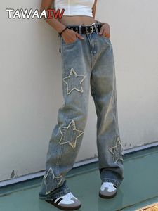 Женские джинсы Tawaaiw Streetwear Blue Pentagram Высокая талия джинсы Y2K Корейский стиль хип -хоп прямой джинсовый джинсы для женских брюк 230503