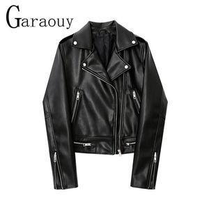 Fur Garaouy 2022 New Women Spring Autumn Black Faux Leather Jackets Zipper Basic Coat Turndown Collar Motor Biker Jacket Outerwear