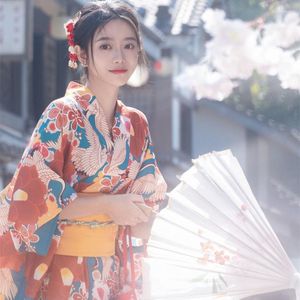 Etnik Giyim Kadın Yukata Batrobe Geleneksel Japonya Tarzı Sarı Obi ile Kimono Yay Geyşa Sahne Performansı Poshooting Wear