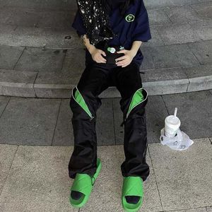 Calças hip hop joelho zíper à prova dwaterproof água preto verde calças casuais dos homens oversized tornozelo zíper em linha reta calças de carga baggy streetwear