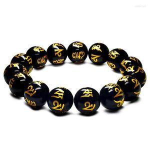 Strang 6–20 mm tibetisch-buddhistischen Gebets-Buddha-Armbänder Damen Herren Schmuck geschnitzt Om Mani Padme Hum schwarze Achate Perlen elastische Armreifen