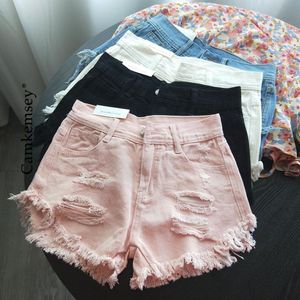 Shorts CamKemsey Basic Summer Denim Shorts Women Korean Casual Mid Waist Cuffed Tassels Ripped Holes Pink Jeans Shorts