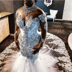 Abiti da sposa a sirena con scollo a sirena di lusso Abiti da sposa a maniche lunghe con strass in pizzo Abiti da sposa a strascico lungo Abito da sposa taglie forti