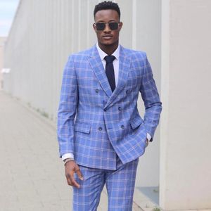 Men's Suits Sky Blue Checked Suit Double Breasted Blazers Sets For Wedding Male Tuxedos Peaked Laple 2 Pieces Groom Wear