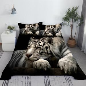 Set 3D-Bettwäsche-Set mit weißen Tigern, Tiere, Bettlaken-Set, Tiger-Bett, flaches Laken mit Kissenbezug, weiches Polyester, Heimtextilien, King-Size-Stil