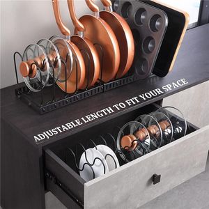 Organisation Kitchen Organizer Rostfritt stålpottlock Hållare utbyggbart pannor med skärbräda torkning av köksredskap förvaringsställ