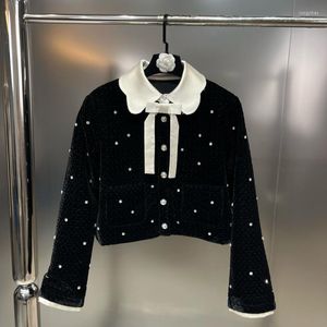 Women's Trench Coats PREPOMP 2023 Winter Silk Bow Collar Rhinestone Black Velvet Jacket Women Cotton Coat GG981