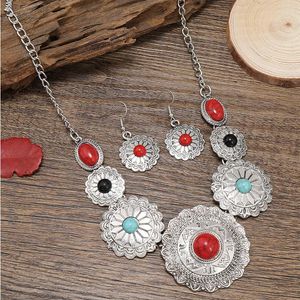 Necklace Earrings Set Tibetan Earring Women's Silver Gold Color Flower Necklaces Ethnic Bohemian Tribal Turquoises Statement Jewelry