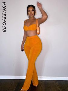 Hosen BOOFEENAA Sexy Sommer-Club-Outfits für Frauen Zweiteiliges Set Orange Weiß Gestricktes rückenfreies Crop-Top und Schlaghosenanzug C16CG34