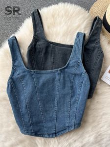 Camisoles Tanks Singreiny Denim Design Женщины Summer Camisole Square Neck Zipper Retro High Street Fashion Ladies Y2K Корейский майник 230503