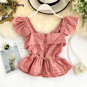 Tops Pearl Diary Women Cotton Crop Vest Embroidery Tie Bow Front Sweet Cute Top Slash Neck Strappy Flounce Hem Cotton Beach Vests New