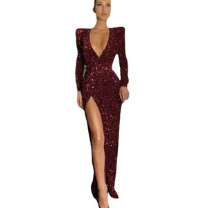 Sexy Black Mermaid Evening Gown Slim Fit Long Sleeves Sequined Side Split Women Evening Dresses Robe De Soiree