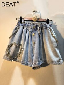 Damen-Shorts DEAT Spring Women's Diamond Intarsed Love Pattern Jeans High Waist Loose Fit Elastic Wide Leg Denim Shorts Female 11XX0190 230503