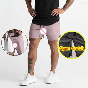 Herr shorts man sexig öppen gren för utomhus sex crotchless sport tröjor gay erotiska trosor dubbel dragkedja fitness byxa snabbt torrt